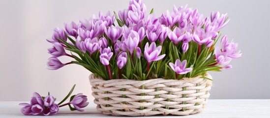 Pink crocuses bloomed in a lilac wicker basket indoors on a white table