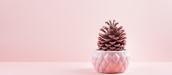 A handmade glass containing a fir cone placed on a pastel pink background Pottery design New Year s decoration Trendy colors Space for inscription and text - obrazy, fototapety, plakaty