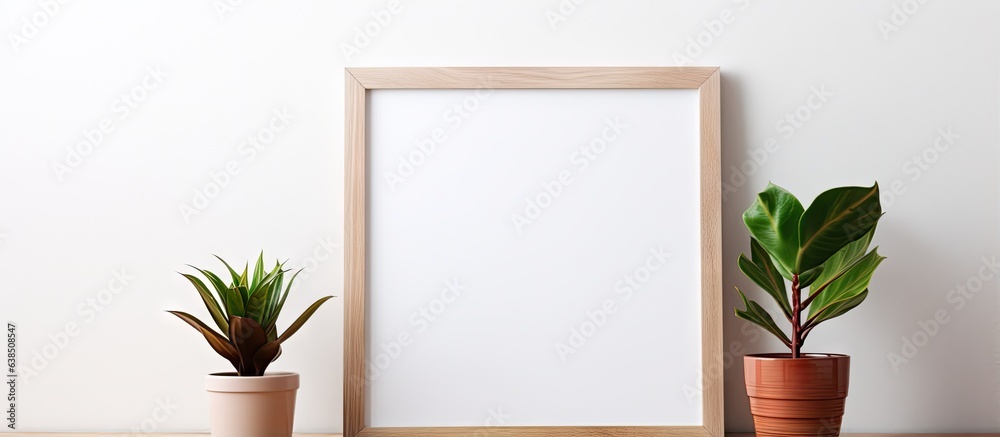 Poster Creating a wooden frame model with a crayon and placing a pot on a table
