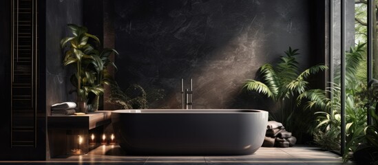 a luxurious dark bathroom with glass bathtub plant and black marble