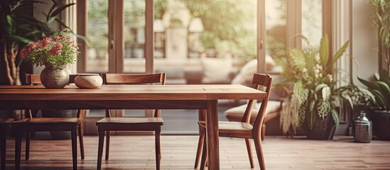 Fototapeta premium Classic wooden dining area with blurred furniture