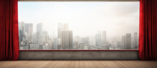 Fototapeta na wymiar bright interior with city view and red curtains wooden floor and concrete wall Mock up