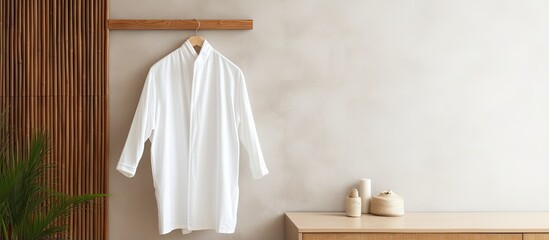 Bathrobe in wardrobe with wooden hangers