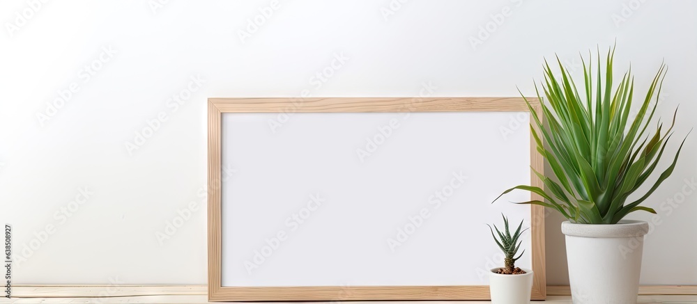 Poster Creating a wooden frame model with a crayon and placing a pot on a table