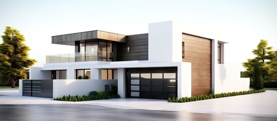 Contemporary house and garage on white background