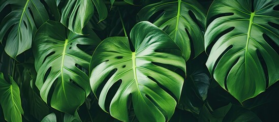Fototapeta na wymiar Close up photo of green monstera adansonii leaves known as daun janda bolong in an Indonesian home garden