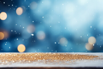 Christmas New Year Celebration: Sparkling Glitter Table Top Floor Gold Navy Light Blue, Studio Background with Blur Bokeh. Luxury Holiday Backdrop Mockup for Product Display. Festive Greeting Card.