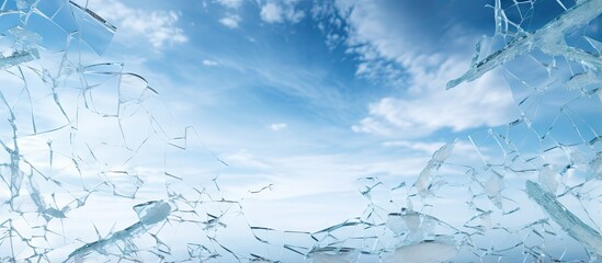 Cloudy sky reflecting on dirty broken glass window with a dusty background clear white sky on backdrop