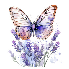 purple butterfly with lavender. watercolor illustration. butterflies and flower