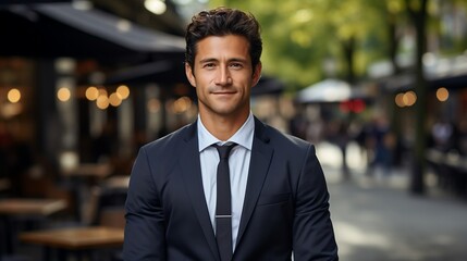 Portrait of a young businessman standing in a city street, looking at camera.