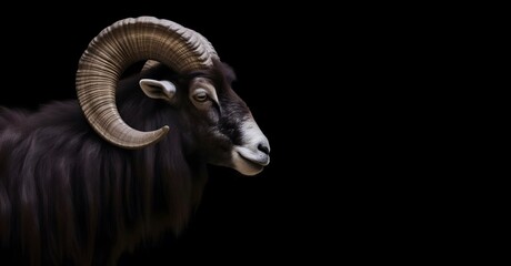 Head shot of dark ram with large helix shaped horns isolated on black