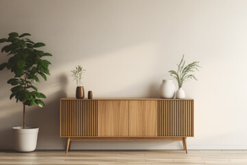 Beige wooden sideboard in front of a wall in a minimalistic interior design composition.  - obrazy, fototapety, plakaty