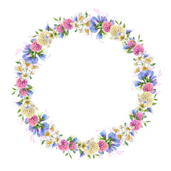 Elegant vintage watercolor color wreath with clover and different meadow flowers isolated on a transparent background. PNG.