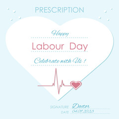Happy Labour day card. Medicine, doctor, hospital worker, prescription. Vector illustration. Celebration, congratulation, greeting. Banner, wallpaper, template.