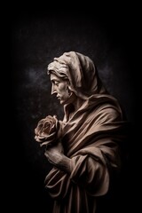 Generative AI, Photorealistic antique sculpture and flowers, muted neutral colors, 3d style ceramic statue