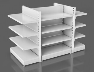 Trade display showcase with metal shelves. 3d illustration