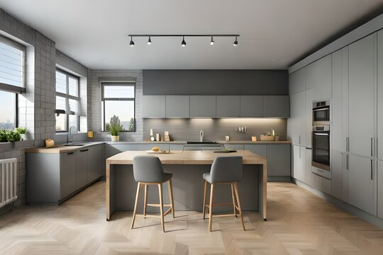 Beautiful Grey Modern Kitchen in a Luxury Apartment with Stainless Stee