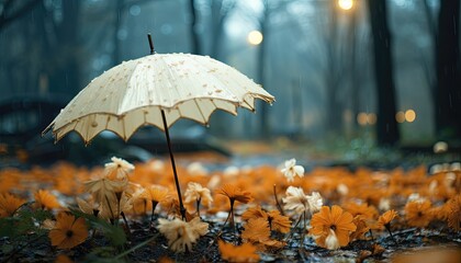 Umbrella under rain with bokeh light background. Illustration. Generative AI. Rainy day. Waterdrop