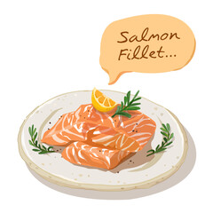 Ripe Salmon fillet on crockery plate vector food illustration flat design