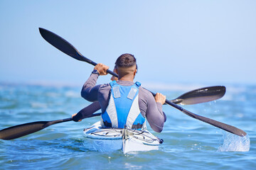 Water, man and woman in kayak from back and sports on lake, beach or river for exercise team. Ocean...