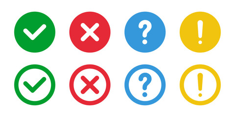 Green check and red cross symbols, blue question marks, and yellow exclamation point vector sign symbol