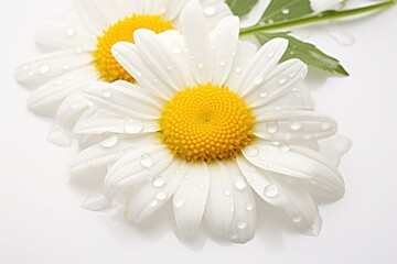 Chamomile flowers in water drops on a white background.