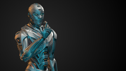 3d rendering of detailed futuristic robot man or humanoid cyborg  looking at his arm. View of the upper body. Isolated on black background with empty space for text