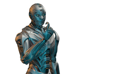 3d rendering of detailed futuristic robot man or humanoid cyborg  looking at his arm. View of the upper body. Isolated on transparent background with empty space for text