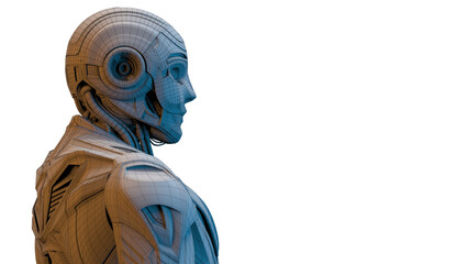 3d rendering of detailed futuristic robot man or humanoid cyborg. Upper side view in wireframe isolated on transparent background with copy space for text