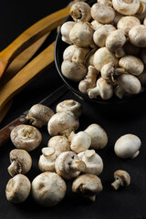 Small champignons on a black background. Vegetarian food