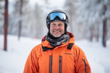 Fototapeta na wymiar Portrait of a smiling senior man in ski suit outdoor in winter