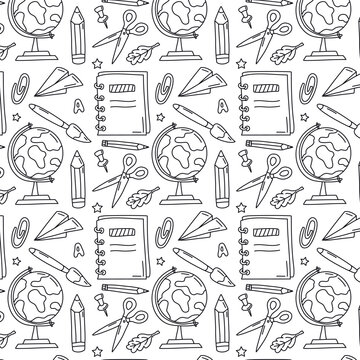 Hand drawn school supplies. Back to School concept. School object collection, doodle . Sketch icon set. Seamless pattern for wrapping paper, stationery, scrapbooking, wallpaper, textile prints. Vector