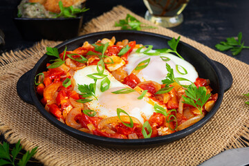 Shakshuka with grilled bread. Fried eggs with tomato, pepper, garlic and herbs