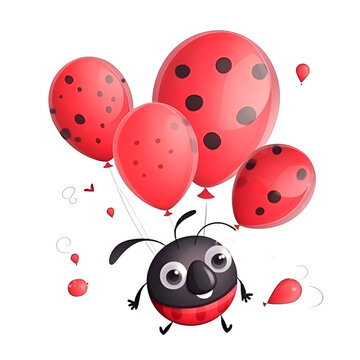 Cute ladybug flying with red balloons. Vector cartoon illustration.