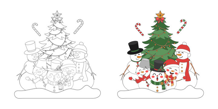 Snowman family with Christmas tree, Christmas theme line art doodle cartoon illustration, Coloring book for kids, Merry Christmas.