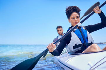 Water, man and woman in kayak at ocean for race at lake, beach or river, exercise in sport. Holiday, adventure and fitness, couple rowing in canoe for training or challenge, mockup on blue sky at sea - obrazy, fototapety, plakaty