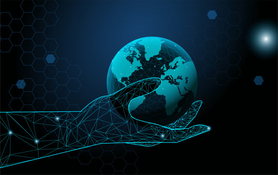3D Futuristic low poly hand holding the globe in te space, concept of global control.