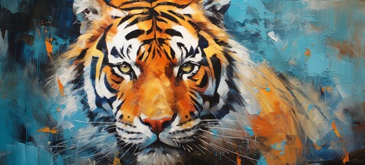 Animal head, portrait art - Colorful abstract oil acrylic painting of colorful tiger, pallet knife on canvas (Generative Ai)