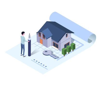 isometric illustration,contract to buy a house