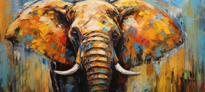 Animal head, portrait, art - Colorful abstract oil acrylic painting of colorful elephant, pallet knife on canvas (Generative Ai)