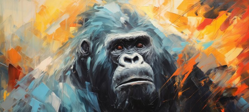 Animal head, portrait art - Colorful abstract oil acrylic painting of colorful gorilla, pallet knife on canvas (Generative Ai)