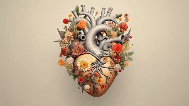 Human heart full of life, flowers and plants, Generative ai.
