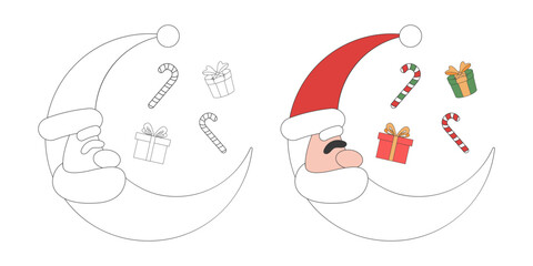 Santa Claus with gift box, Christmas theme line art doodle cartoon illustration, Coloring book for kids, Merry Christmas.