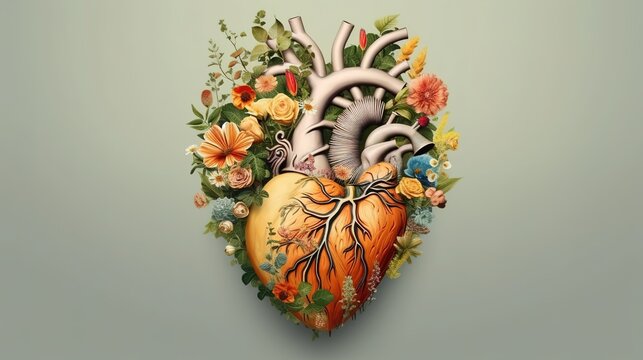 Human heart full of life, flowers and plants, Generative ai.