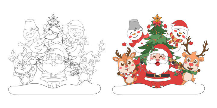Santa Claus, snowman and reindeer with Christmas tree, Christmas theme line art doodle cartoon illustration, Coloring book for kids, Merry Christmas.
