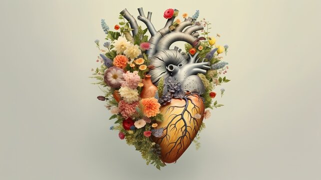 Human heart full of life, flowers and plants, Generative ai.