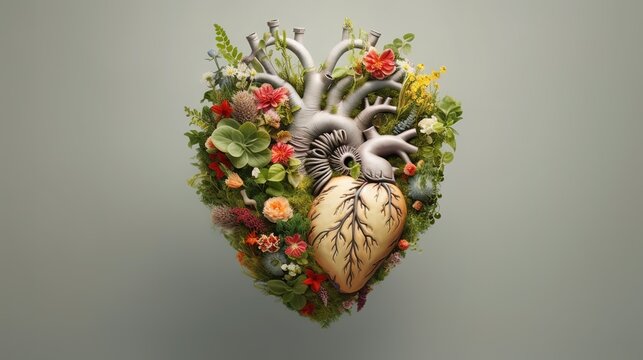 Human heart full of life, flowers and plants, Generative ai.