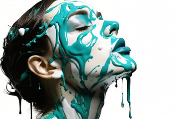 Brunette with turquoise paint pouring from above on face, side view, white colours - obrazy, fototapety, plakaty