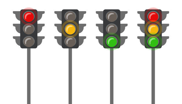 Vector traffic light on pole illustration set. Red, yellow, green traffic light.