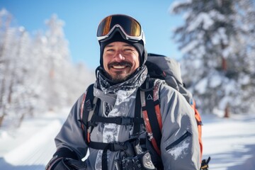Fototapeta na wymiar Portrait of a happy male skier smiling in winter forest.